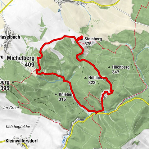 From the inn Goldenes Bründl to the Steinberg-"canyon" and to the Michelberg and back