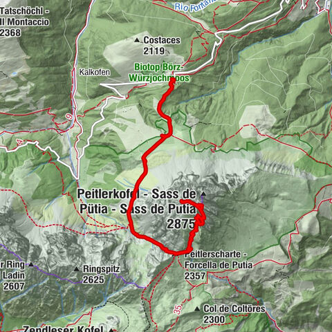 Jü de Börz - Würzjoch - Passo delle Erbe - Kleiner Peitlerkofel - Peitlerscharte - Forcella de Putia - Peitler Hütte