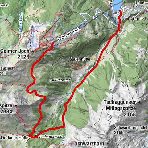 Bergstation Grüneck Golmerbahn - Alpe Latschätz - Lindauer Hütte - Latschau