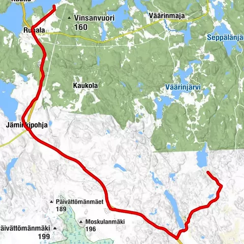 Ruta panorámica Ryövärin Mäkelä–Vinsa en bicicleta, ruta lineal, Ruovesi