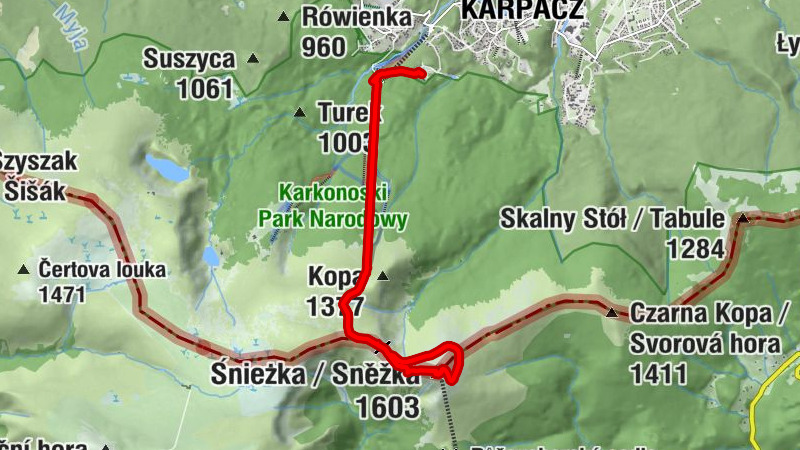 Karpacz ski lift Kopa Śnieżka (blue trail) Przełęcz pod Śnieżka Dom Śląski