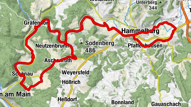 E-Bike Tour von Westheim a.d.Fränk.Saale entlang nach Kloster Schönbrunn u.zurück am Sodenberg vorbei.