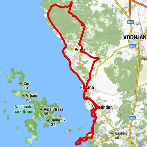 Peroj Portic- sv. Foska-kazuni trojcek-kazuni dvojcek- Peroj-proti Vodnjanu- Fazana-Valbandon- kamp Brioni-Punta Cristo- svetinik- skozi grmovlje in nazaj do Peroj Portic